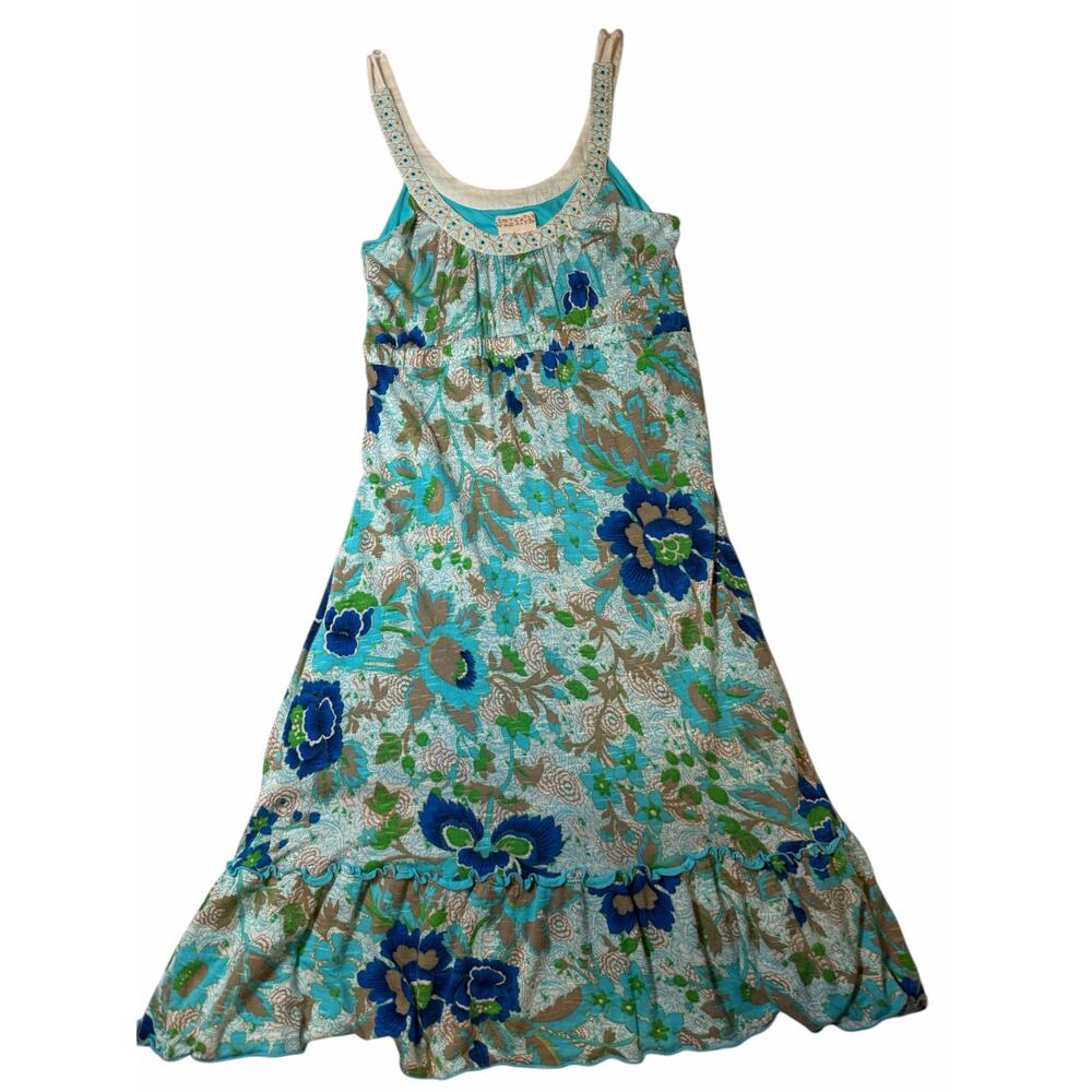 Vintage Free People Sundress Flowy Floral Blue Beaded 2010s Hippie Boho XS